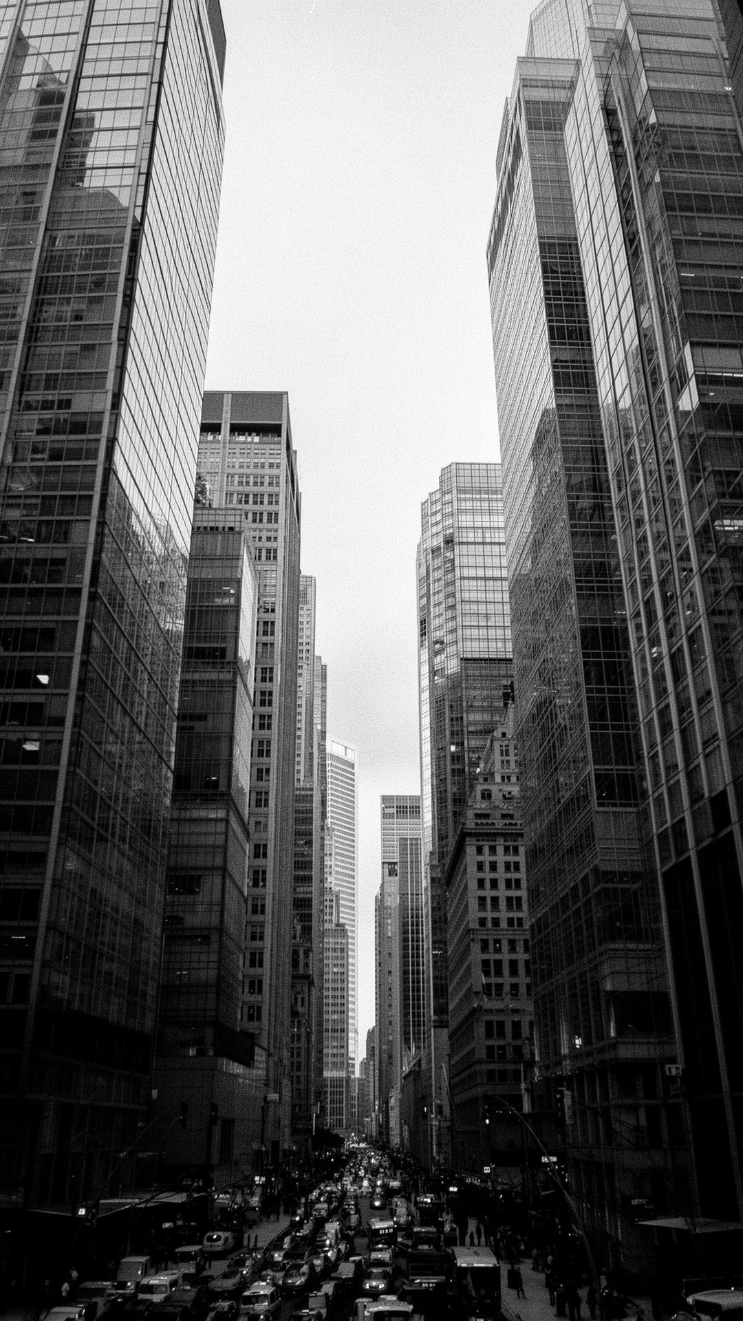 Dense financial district skyline in monochrome